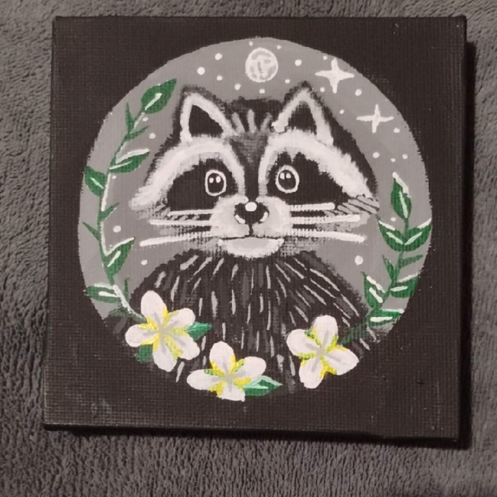 (Sold) Charming Raccoon Art on Black Canvas